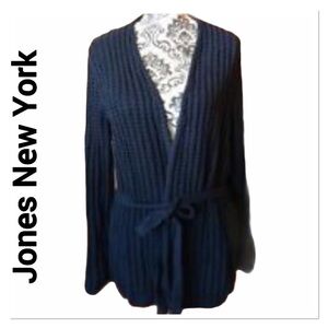 JONES NY Navy Chunky Knit Belt Wrap Sweater large